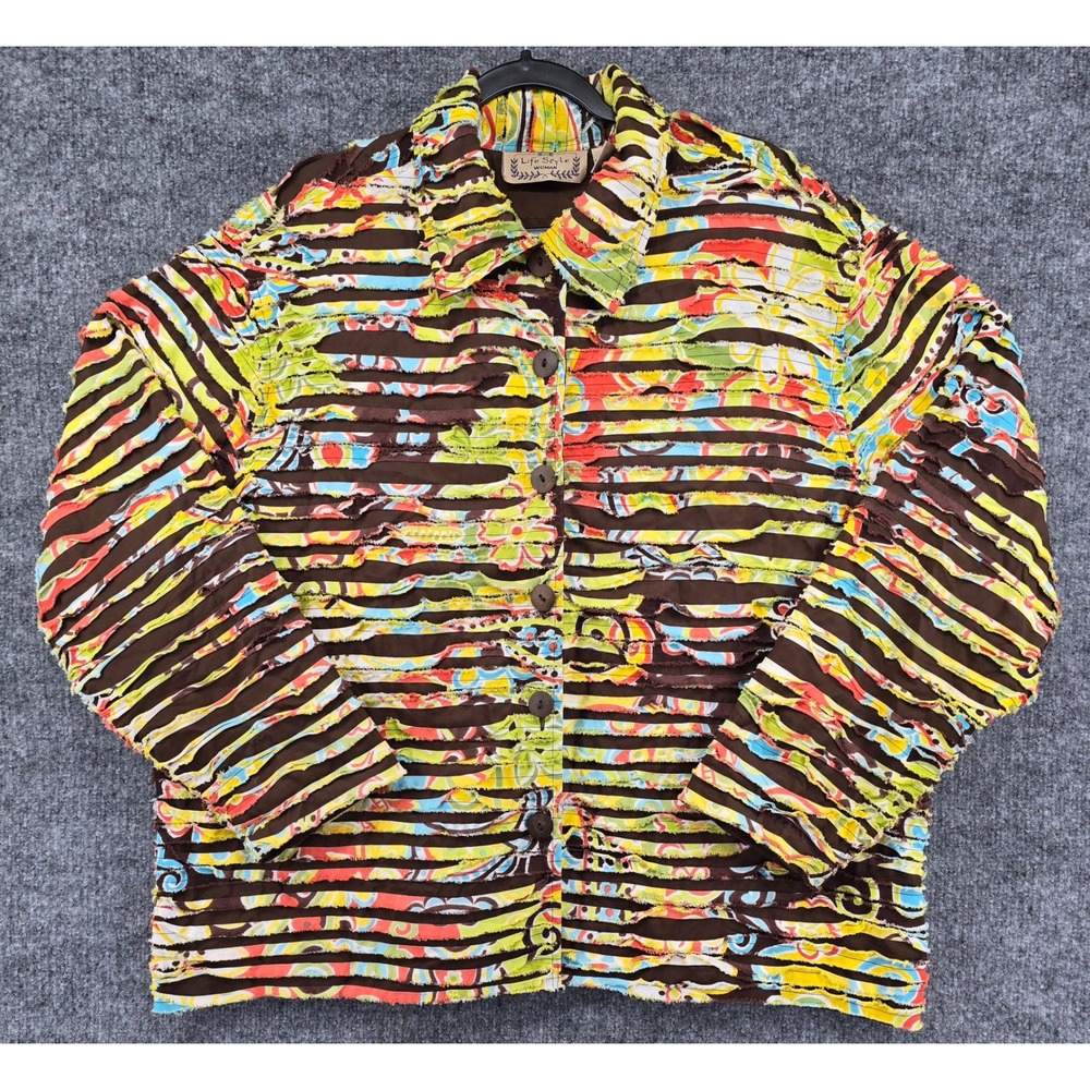 Vtg Life Style Woman Jacket Women 3X Brown Multi Striped Floral Bold Art to Wear